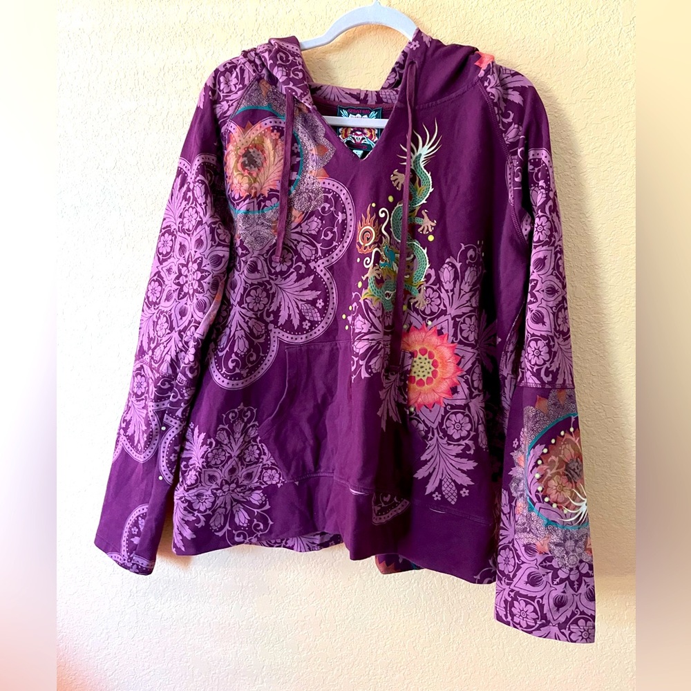 Johnny Was dragon and design pullover hoodie Sz L